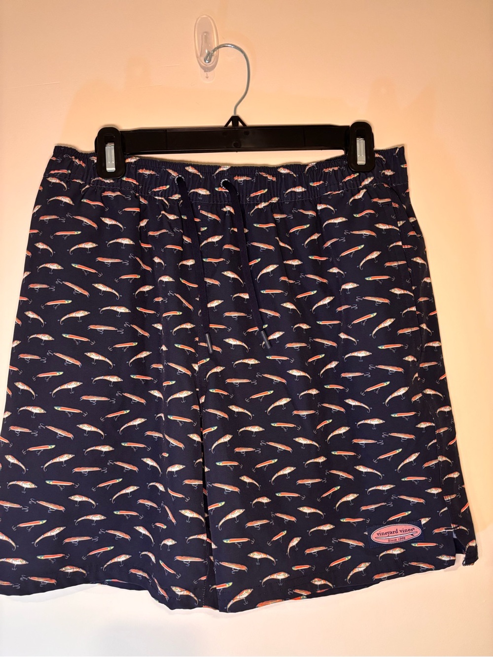 Vineyard Vines Navy Swim Trunks with Orange & White Fish Print